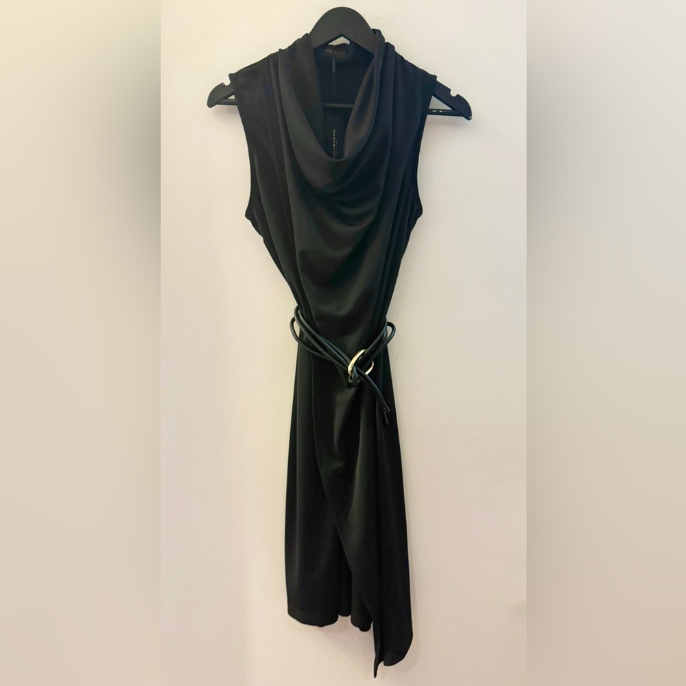 NWT DONNA KARAN Black Cowl Neck Sheath Dress with Leather & Gold Ring Belt SZ S